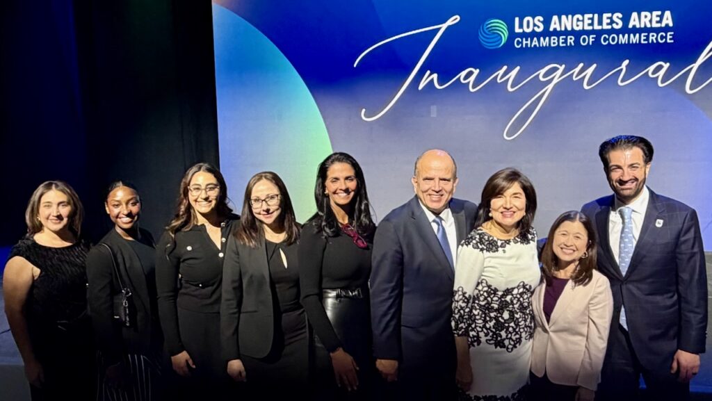 Team LMU at 2026 LA Chamber Inaugural Dinner with CEO Maria Salinas, LMU Regent Raul Salinas, University Ambassador and First Spouse Cathy Irwin, the LMU External Relations Team and LMU Students