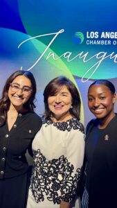 LMU Students Ayah Mohamed and Kaila Nash with CEO Maria Salinas