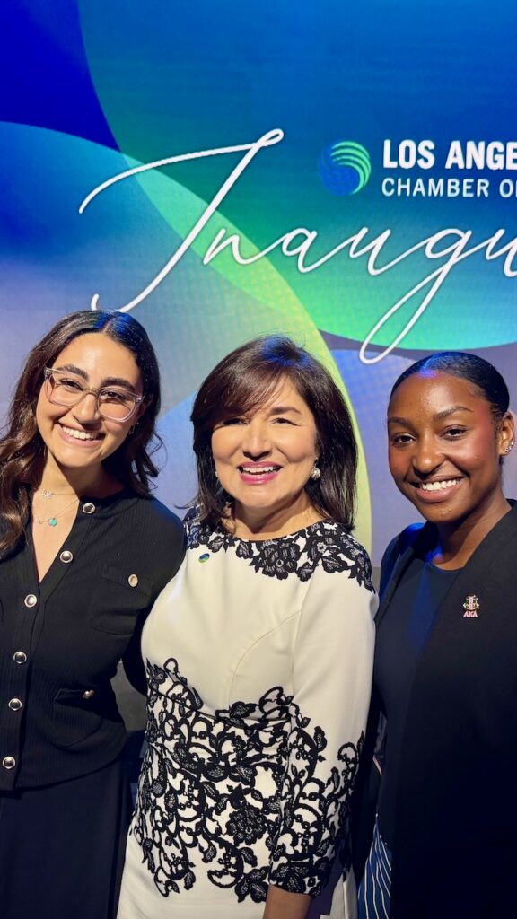 LMU Students Ayah Mohamed and Kaila Nash with CEO Maria Salinas