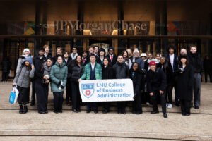 Students and LMU leaders in front of JP Morgan, NYC