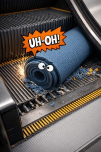 AI-generated image of a yoga mat getting swallowed up by the escalators