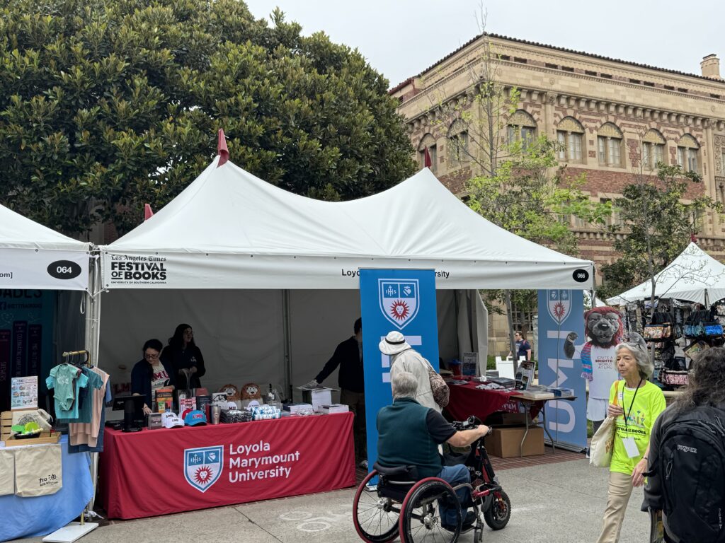 Visitors to the LMU Festival of Books booth