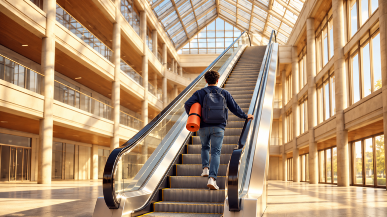 AI-generated illustration of a student carrying an orange yoga mat up an escalator in a sunlit university atrium.